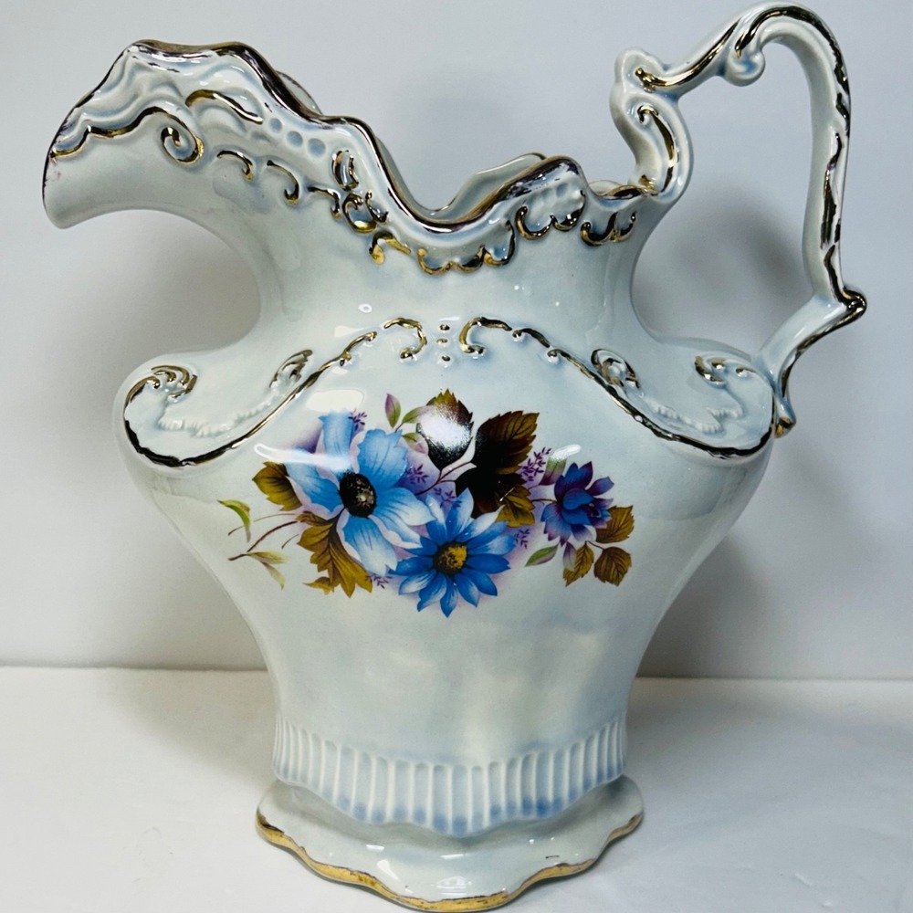 Arnels Vintage Ceramic Pitcher Blue/Purple Floral Embossed Farmhouse 10” Signed